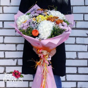 Luxury bouquet with chrysanthemums and hydrangeas, flower delivery