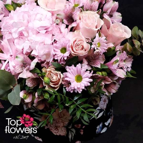 Flower box “Pink Dream” with roses, chrysanthemums, and greenery