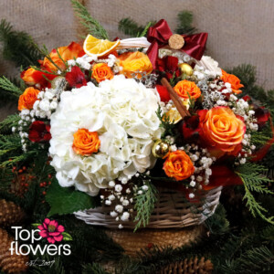 Детайл с червена панделка и златни декорации - Top-Flowers