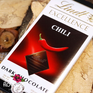 Close-up of Lindt Chili chocolate – dark chocolate with a spicy accent
