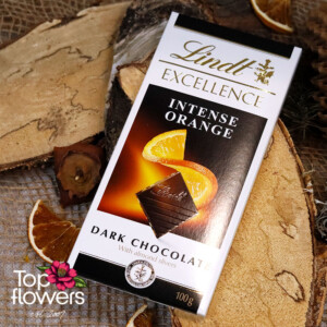 Close-up of Lindt Orange chocolate – dark chocolate with a citrus accent