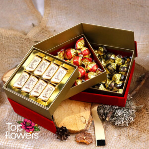 Open Vanoir chocolate box with assorted chocolate pralines