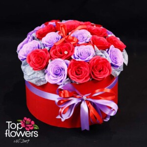 Obsession – soap roses in a red box with purple and red tones