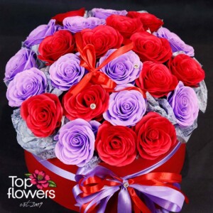 Satin ribbon and decorative box with soap roses