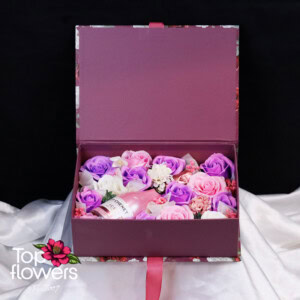 Premium composition with soap flowers and sparkling wine – flower delivery