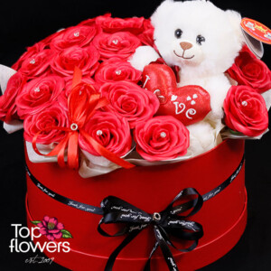 Overall view of Red Embrace with soap roses and flower delivery