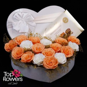 Heart-shaped box with satin ribbon and soap roses