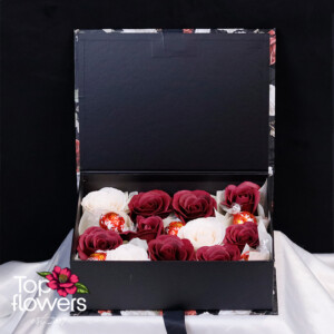 Soap roses in a box with Lindor chocolates – luxury gift from a flower shop
