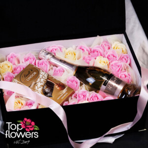 Luxury box with soap roses, Il Fresco prosecco, and Lindor chocolates – flower shop