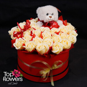 Overall view of Warm Surprise with soap roses and flower delivery