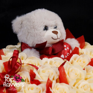 AMEK teddy bear among soap roses – Warm Surprise, a romantic gift