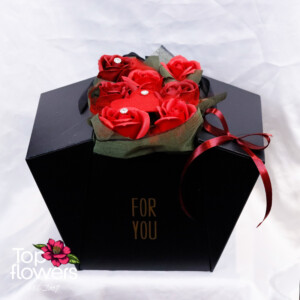Soap roses in a black open box with satin ribbon – gift from a flower shop
