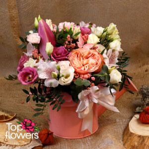 Watercolor Tenderness - delicate arrangement with rose, eustoma, and alstroemeria in a pink decorative watering can