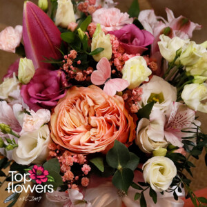 Watercolor Tenderness | Arrangement Watercolor Tenderness - arrangement detail with peach rose, eustoma, alstroemeria, and delicate flowers