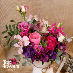 Lilac Garden | Arrangement Lilac Garden - detail of pink and purple flowers with eustoma, rose, and alstroemeria