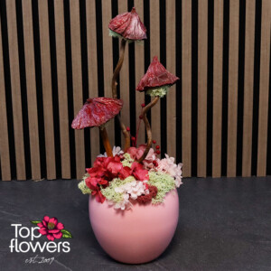 Forest Life art tree with Scandinavian moss, decorative mushrooms and a pink ceramic planter