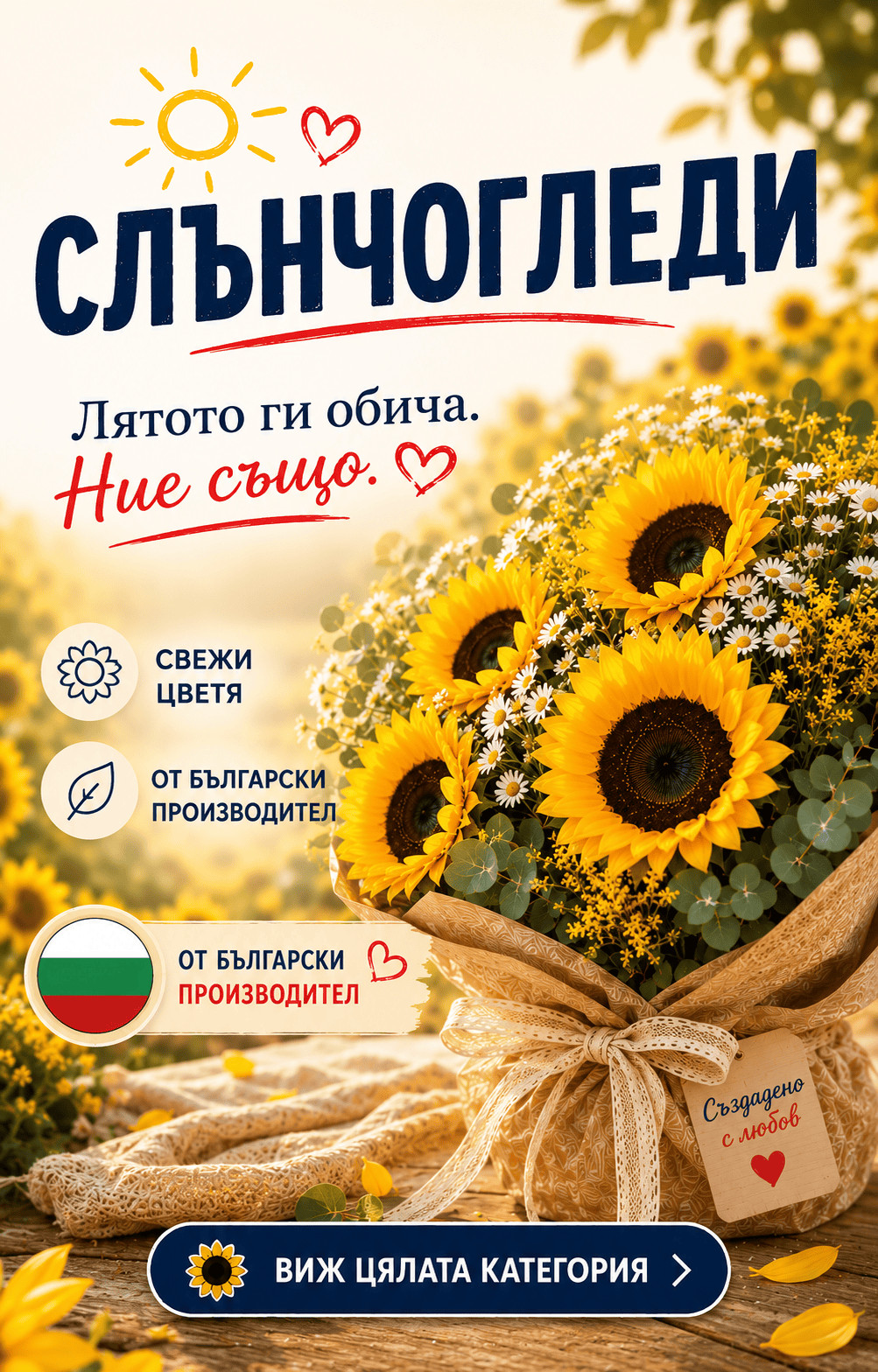 Букети и аранжировки със слънчогледи. Супер качество, топ цени!