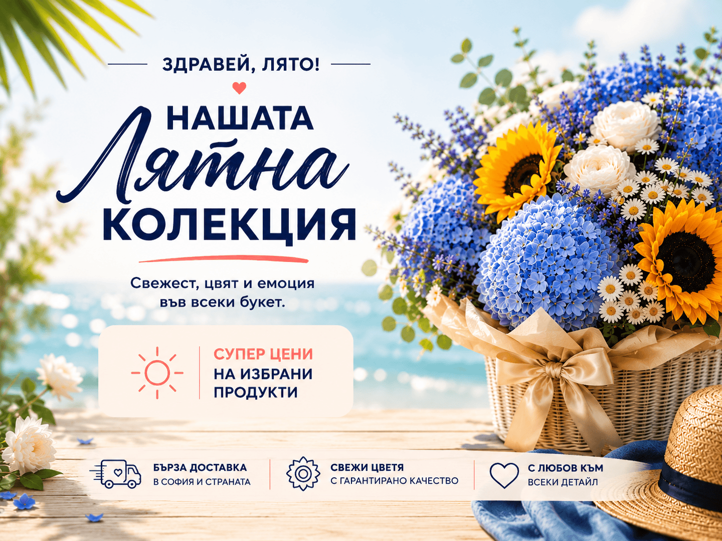 НАшите летни предложения на слънчогледи, хортензии и сезонни букети и аранжировки с доставка до адрес.