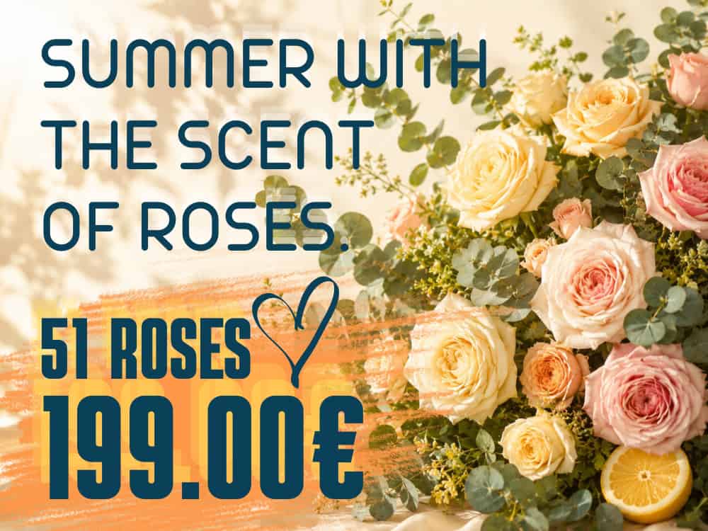 Top price on bouquets and baskets of 51 roses - €199.00